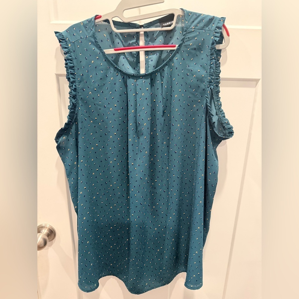 Torrid Size 3 Teal Sleeveless Blouse Ruffle Armholes Polka Dot